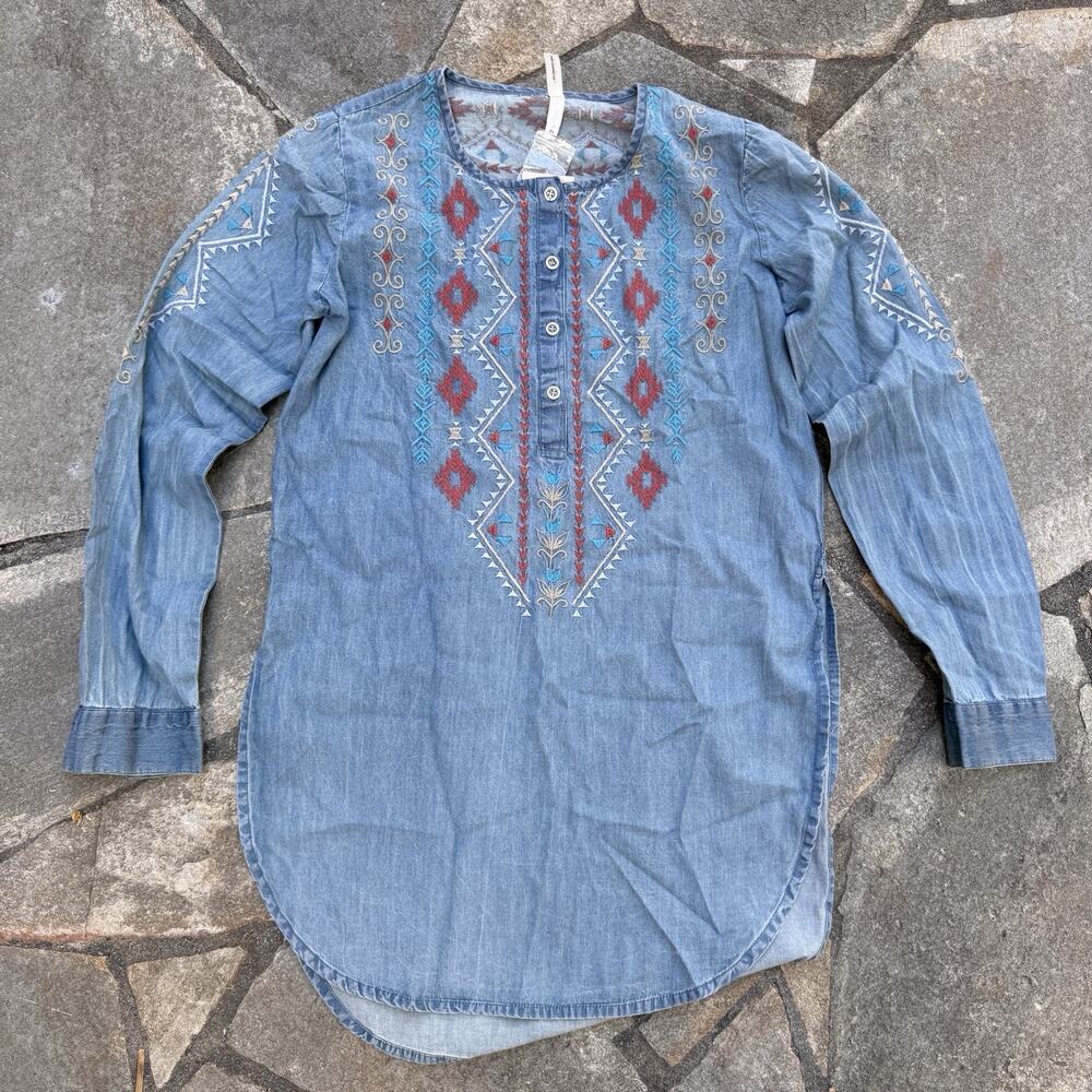 Roper Top Womens XS Blue Southwestern Embroidered Tunic Long Sleeve Button Up